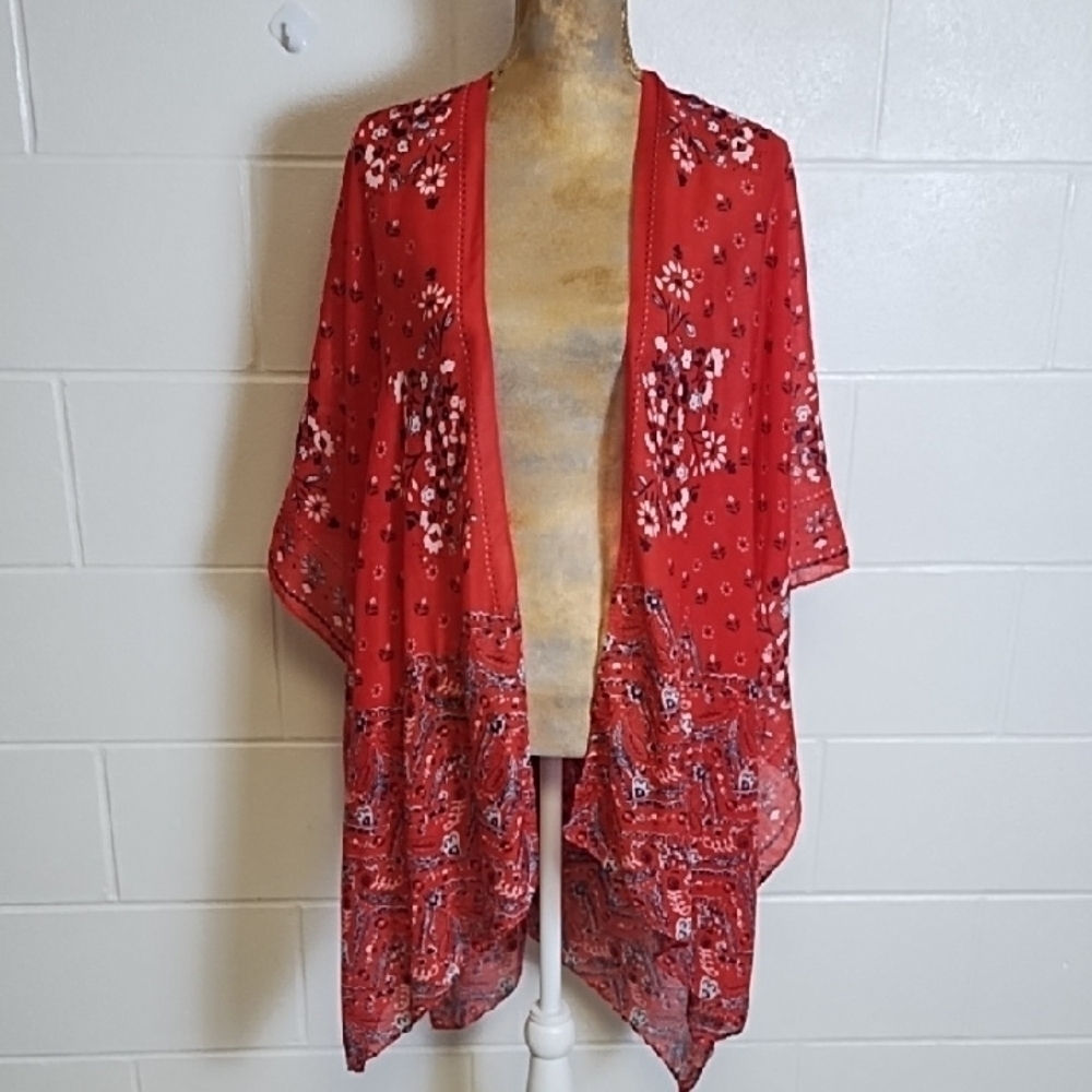 Chic Red Navy White Floral Kimono Coverup Tunic OSFA Bandana Print